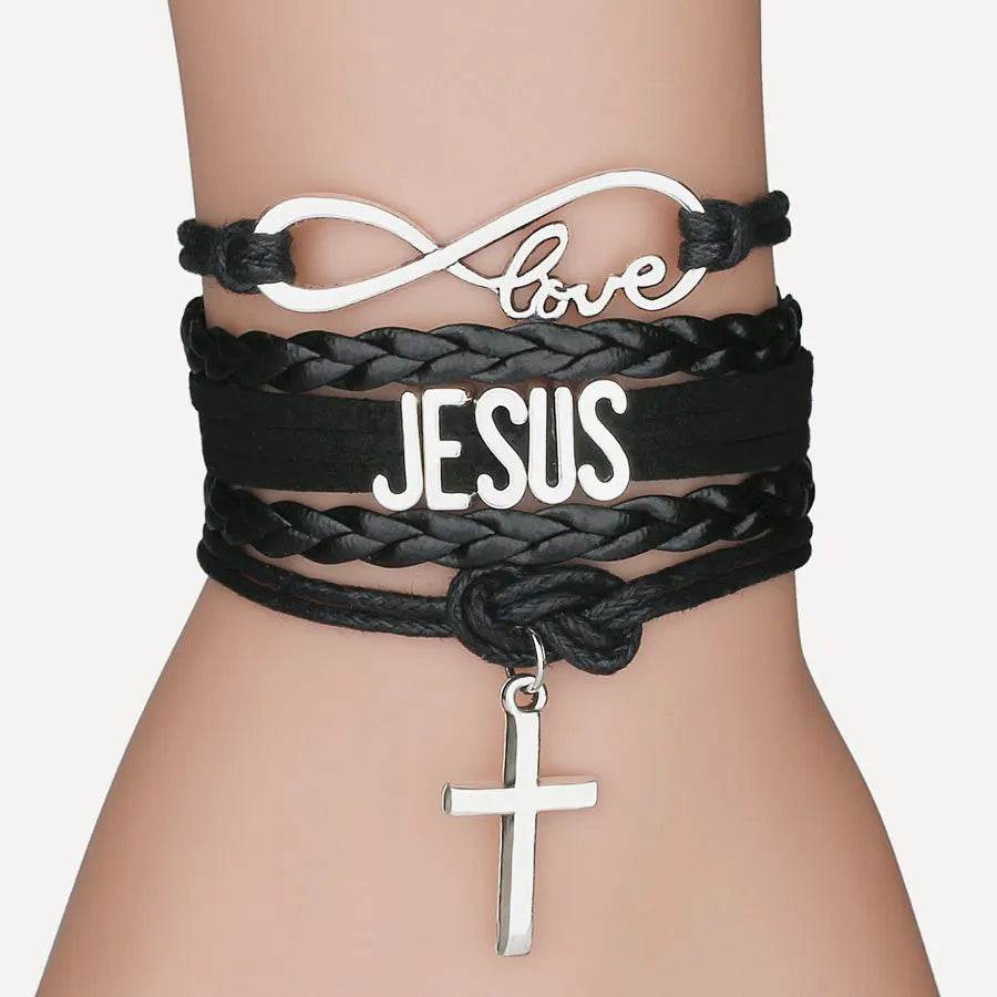Religious Cross Charm Leather Bracelets For Women Men Jesus Braided Rope Chains Bangle Fashion Prayer Party Jewelry
