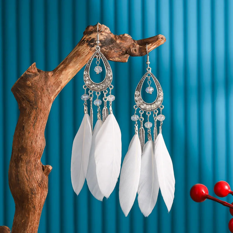 Bohemian Women Handmade Earrings For Female Colorful Long Feather Crystal Drop Tassel Dangle Earring Ladies Boho Jewelry Gift