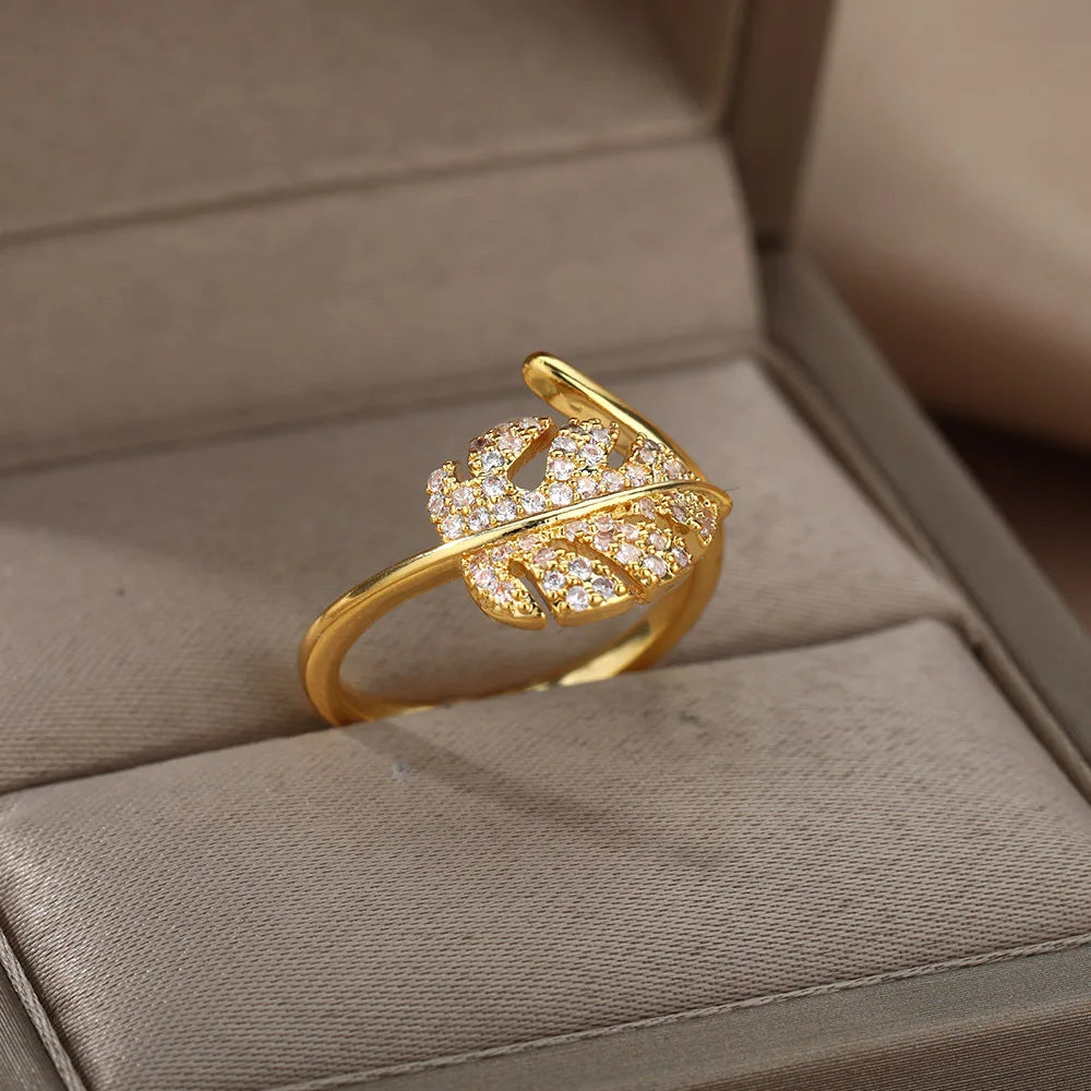 Fashion Palm Leaf Shape Open Rings For Women Gold Color Zircon Adjustable Finger Ring Girls Korean Party Jewelry Gift