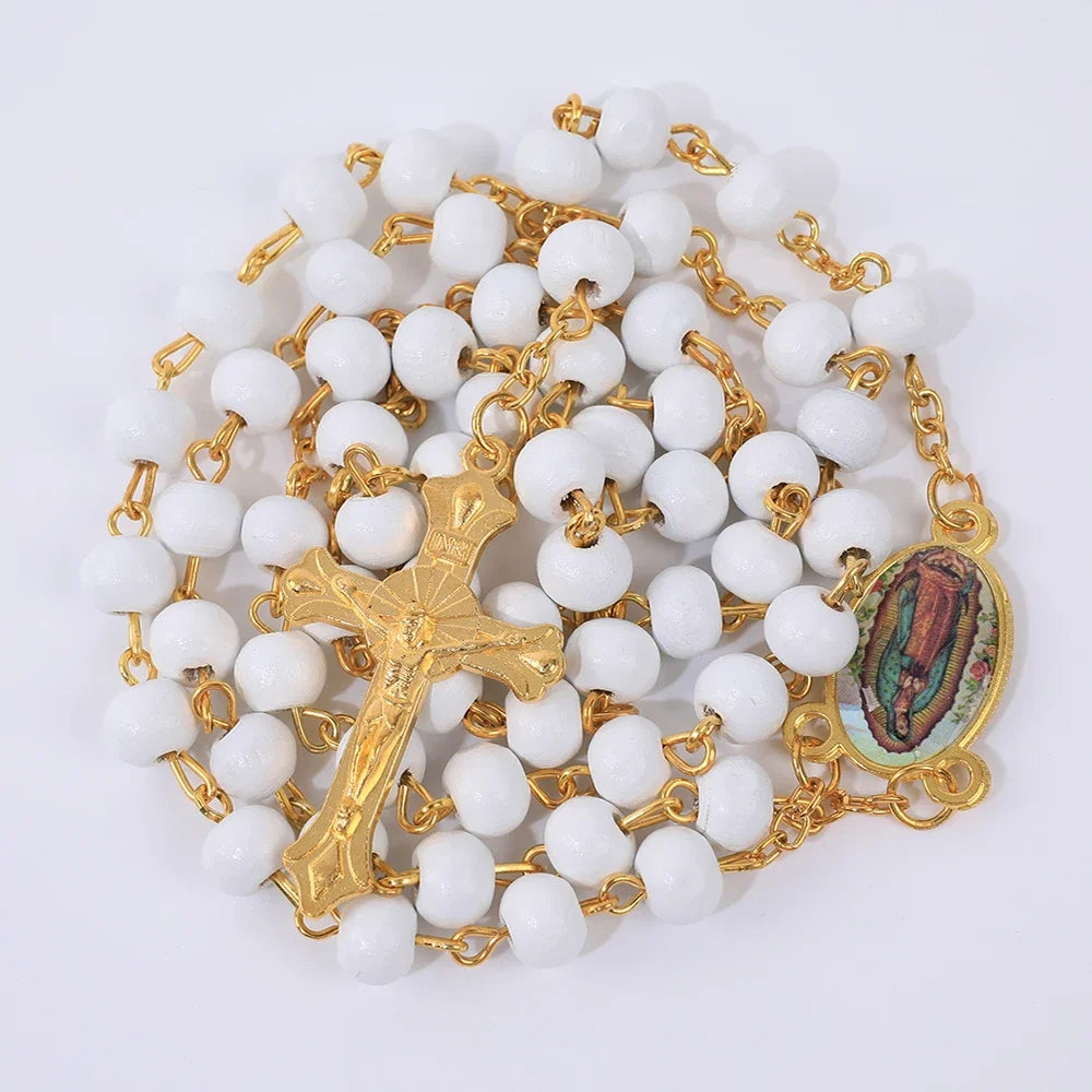 6MM Wood Prayer Beads Necklace For Women Religious Virgin Mary Cross Pendant Long Chain Men Catholic Party Rosary Jewelry