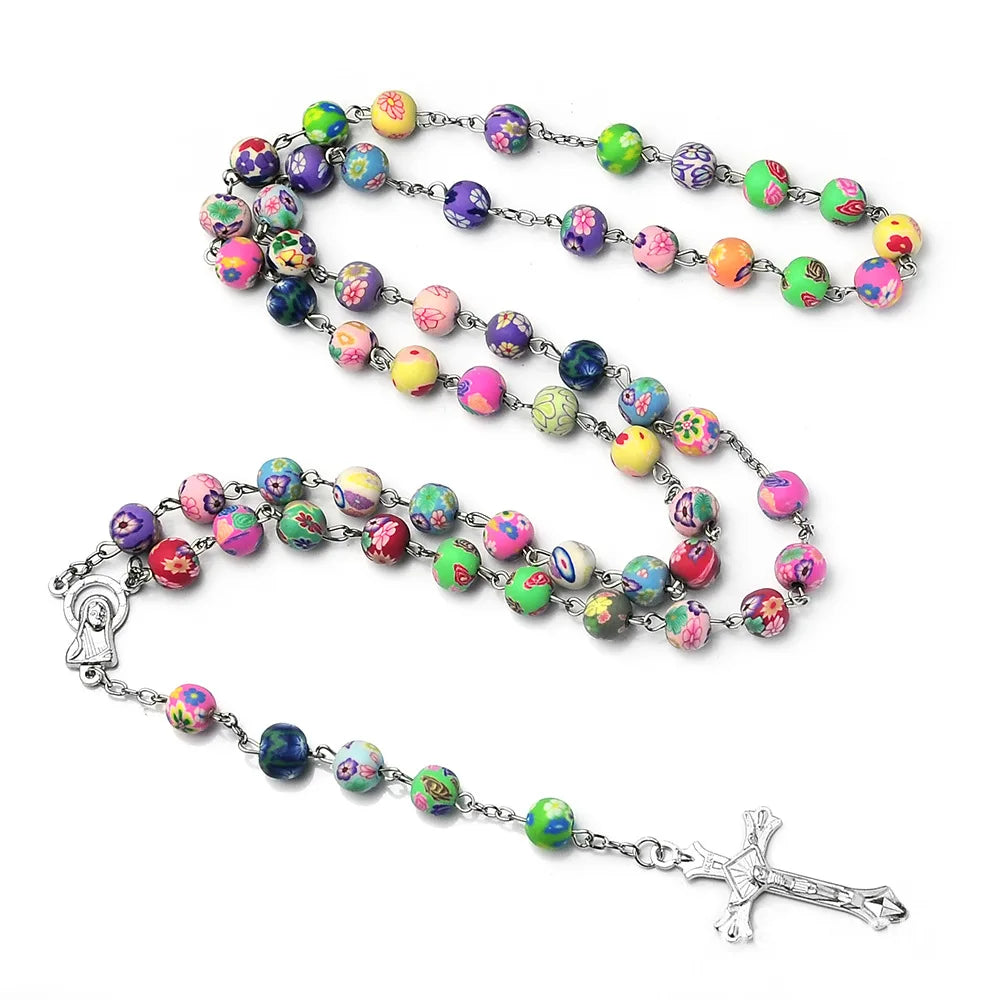 Fashion Multicolor Polymer Clay Beads Rosary Cross Necklace For Women INRI Crucifix Pendant Fimo Chain Female Religion Jewelry