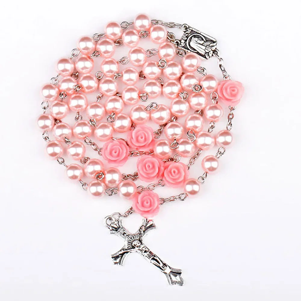 8MM Catholic Rosary Beads Rosary Necklace Christian Praying Glass Beads Chain Cross Pendant For Women Mother Jewelry