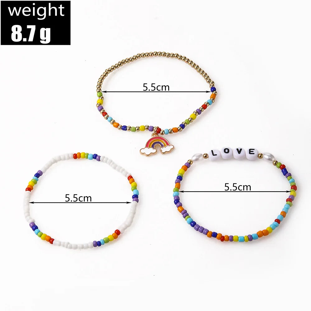 Bohemia Rainbow Charm Bracelet Set For Women Colour Rice Bead Chain Love Letter Bangle Girls Boho Jewelry Gift