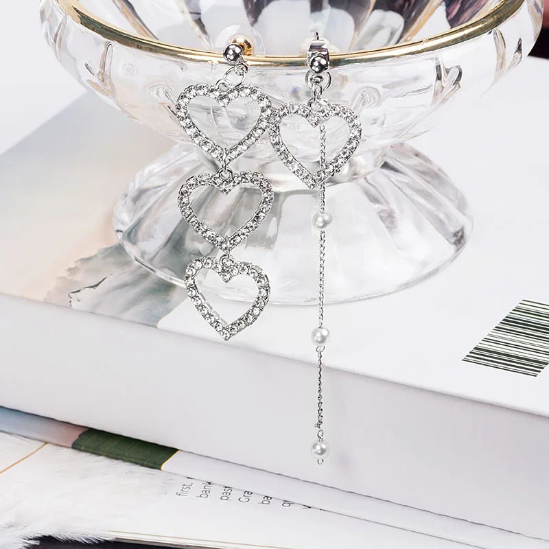 Korean Asymmetry Heart Long Drop Earrings For Women Crystal Big Geometric Dangle Earring Female Wedding Jewelry Gift