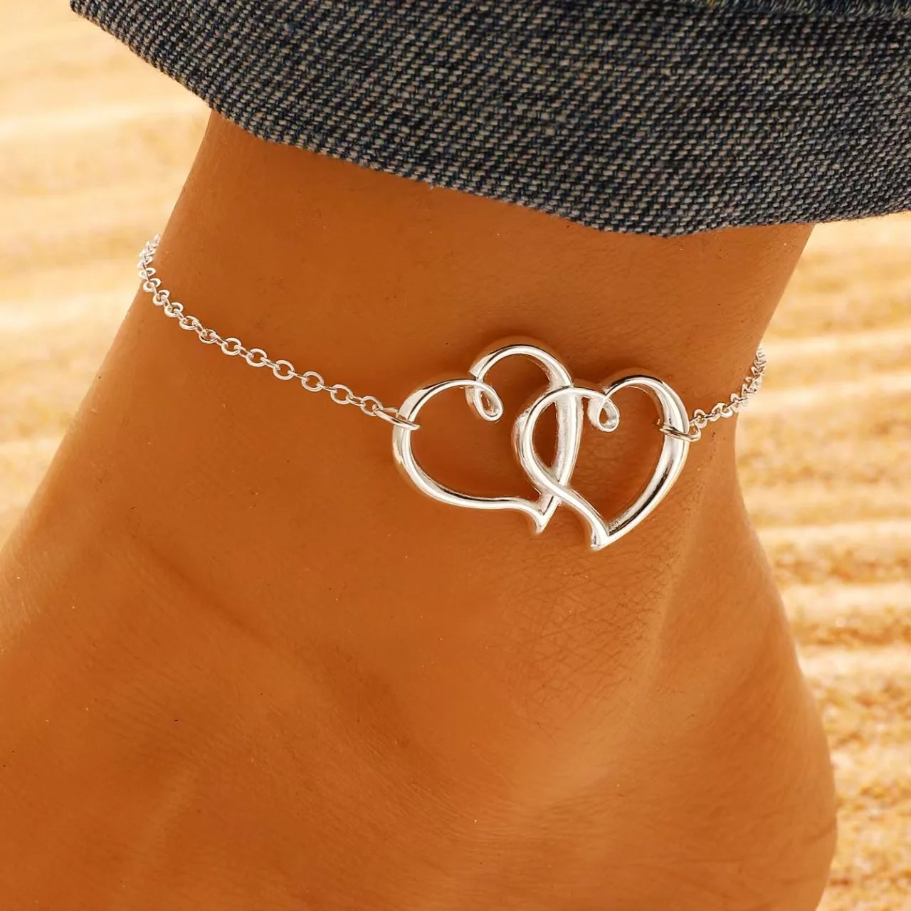 Bohemia Layered Beaded Anklet For Women Hollow Double Heart Charm Ankle Bracelet Summer Beach Vacation Foot Jewelry Gift