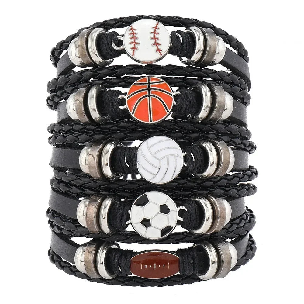 5Pcs Vintage Leather Sport Bracelet For Women Men Volleyball Football Basketball Baseball Rugby Charm Bangle Fashion Jewelry