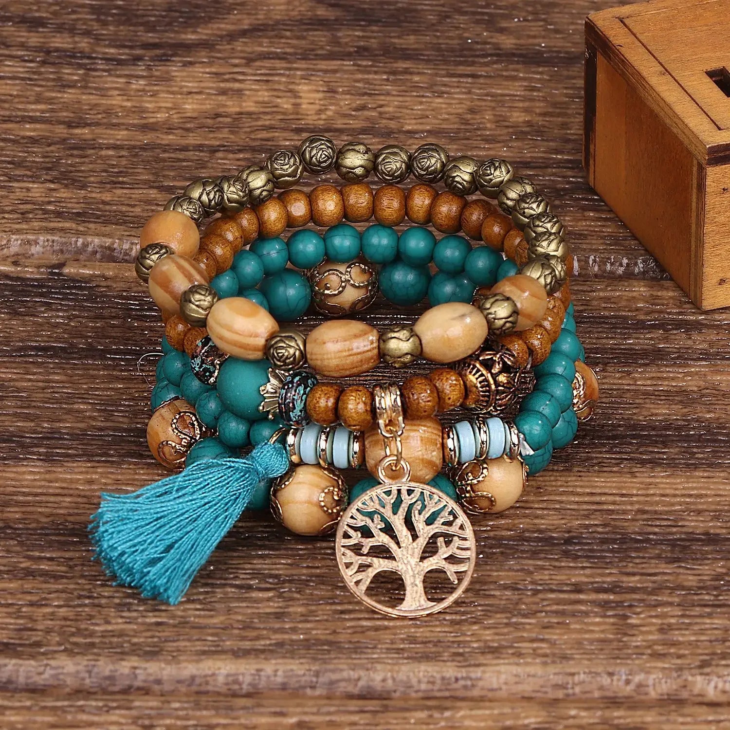 Bohemian Handmade Bracelet Set For Women Fatima Hand Evil Eye Heart Charm Adjustable Rope Chain Bangle Men Daily Wear Jewelry