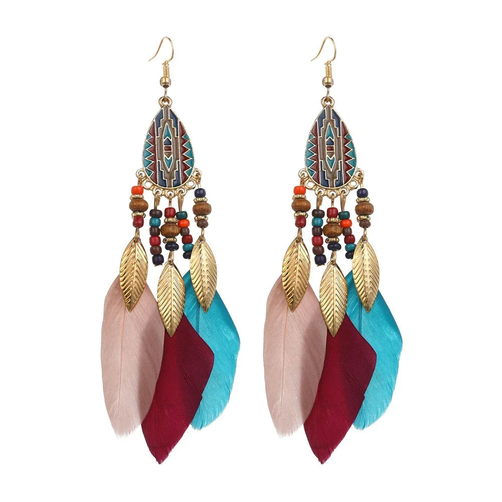 Ethnic Long Feather Drop Earrings For Women Bohemian Tassel Handmade Beads Leaf Dangle Earring Lady Elegant Party Jewelry