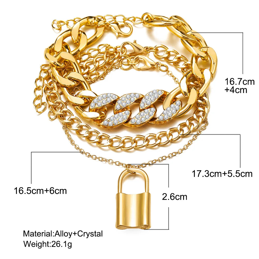 3Pcs/Set Fashion Lock Pendant Anklet Set For Women Crystal Link Chain Ankle Bracelet On Leg Foot Girls Summer Beach Jewelry