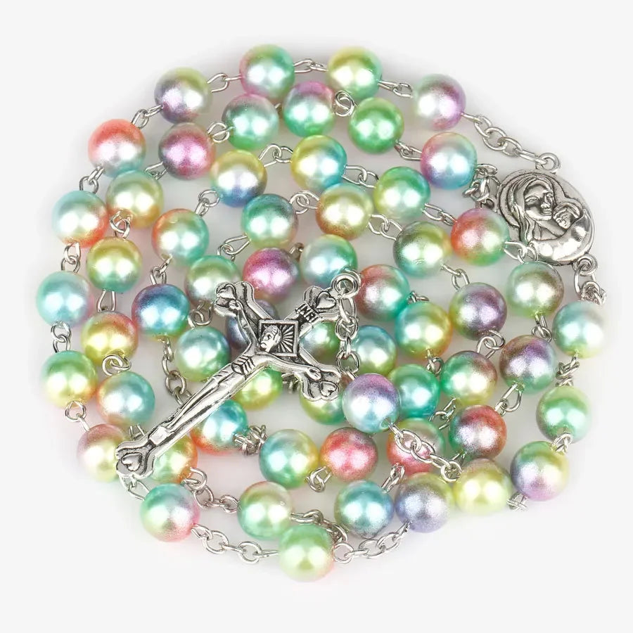 8MM Religion Rosary Necklace For Women Christian Virgin Mary Jesus Cross Pendant Long Colorful Bead Chain Praying Jewelry