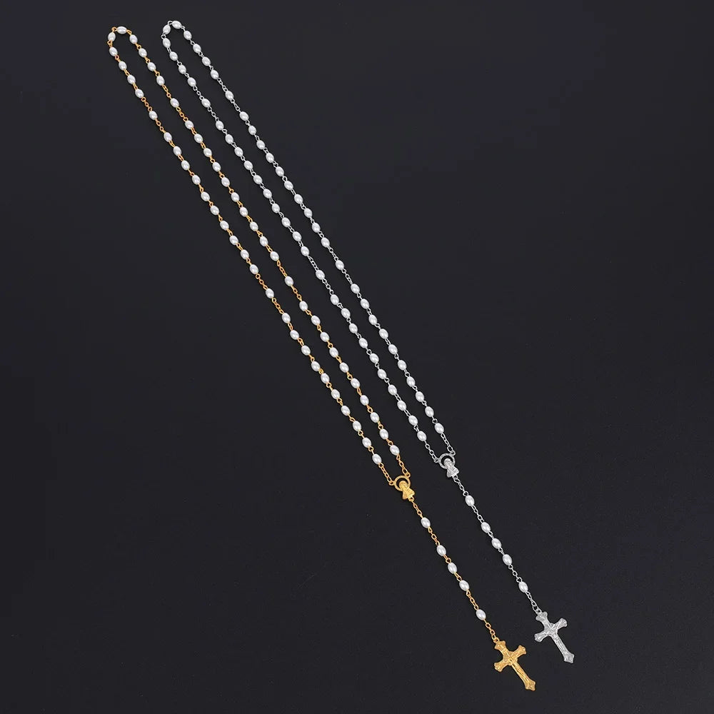 White Oval Pearl Rosary Necklace For Women Catholic Religious Crucifix Cross Pendant Gold Silver Color Chain Men Prayer Jewelry