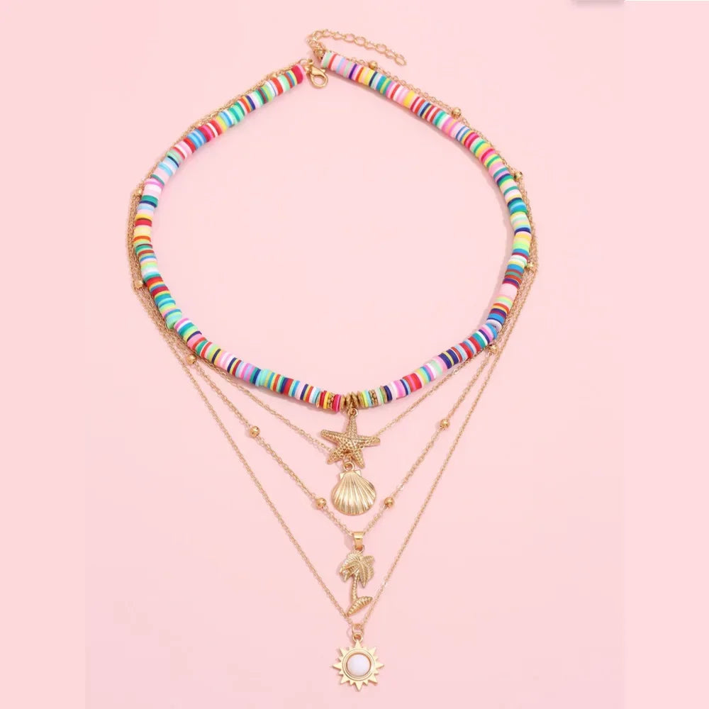 Bohemia Multi Layered Stackable Necklace For Women Sun Starfish Shell Pendant Chain Female Party Boho Jewelry Gift