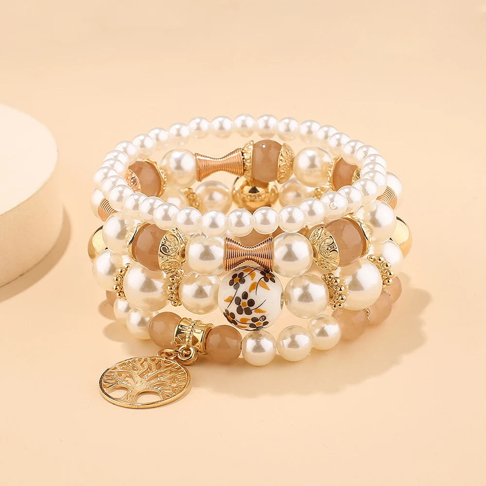 Bohemian Pearl Beads Chain Bracelet Set For Women Tree of Life Starfish Charm Elastic Bangle Female Party Jewelry Accessories