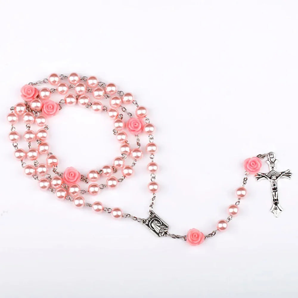 8MM Catholic Rosary Beads Rosary Necklace Christian Praying Glass Beads Chain Cross Pendant For Women Mother Jewelry