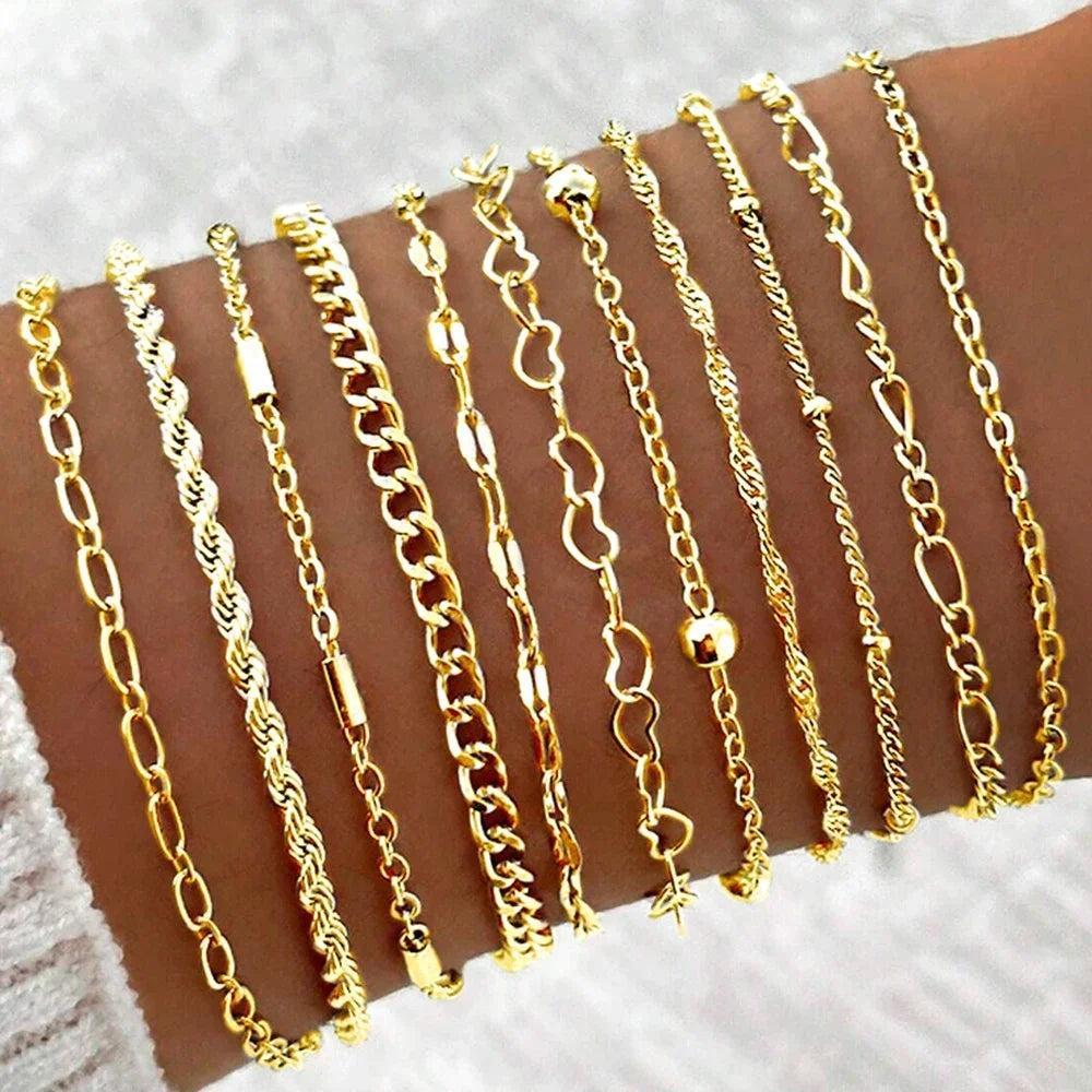 11Pcs Boho Twist Chain Bracelet Set For Women Punk Gold Silver Color Adjustable Cuban Link Bracelet Fashion Party Jewelry Gift
