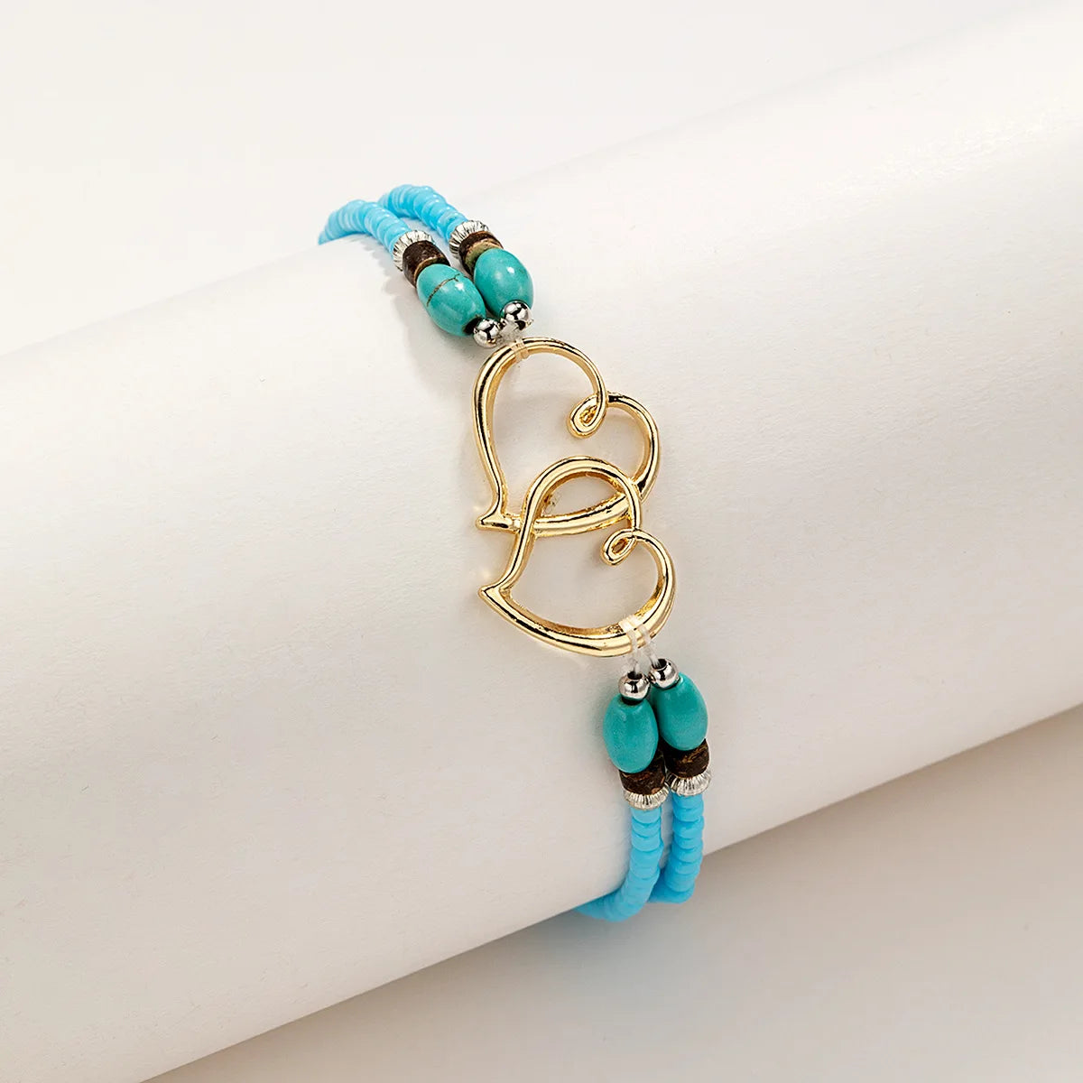 Bohemia Layered Beaded Anklet For Women Hollow Double Heart Charm Ankle Bracelet Summer Beach Vacation Foot Jewelry Gift