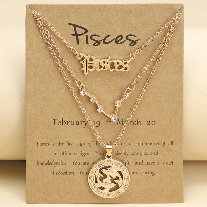 3Pcs Zodiac Sign Necklaces Set For Women 12 Constellation Letter Pendant Chain Choker Birthday Jewelry With Cardboard Card
