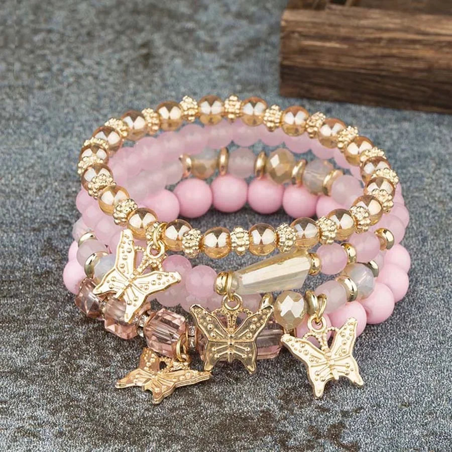 4Pcs Bohemia Butterfly Charm Bracelet Set For Women Acrylic Beads Elastic Chain Bangle Men Wristband Fashion Party Jewelry Gift