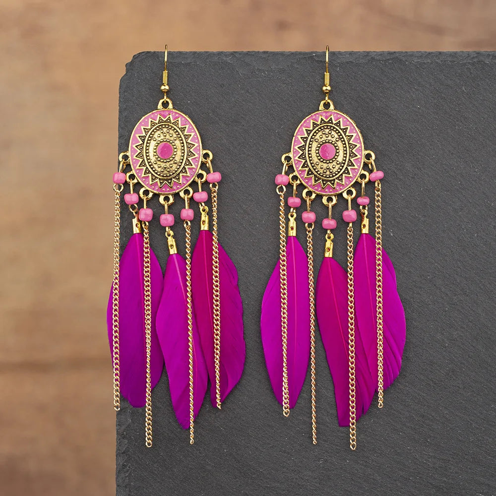 Vintage Ethnic Feather Tassel Earrings For Women Long Fringe Chain Drop Dangling Earrings Female Girls Jewelry Accessories