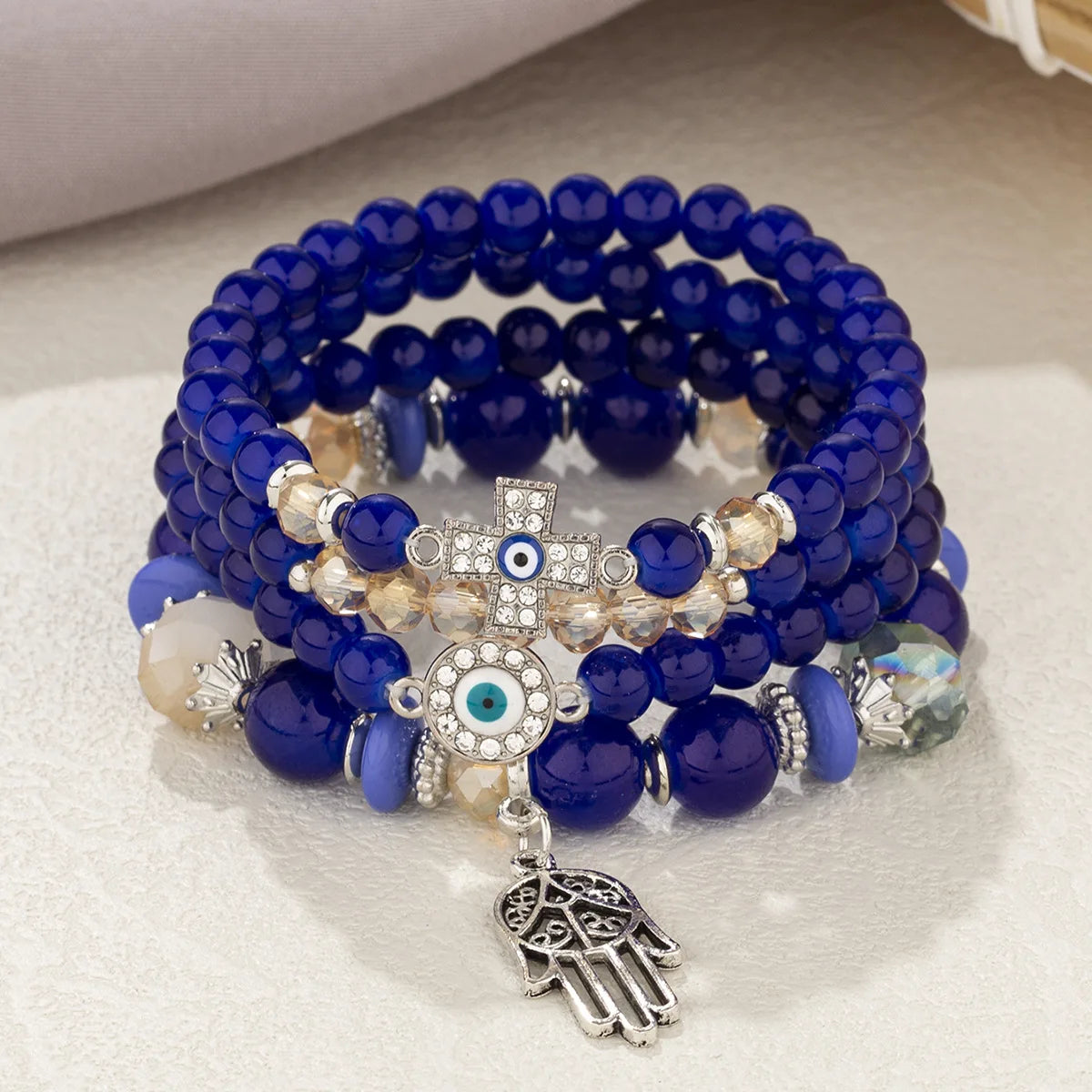 4Pcs Bohemian Acrylic Beads Bracelet Set For Women Fatima Hand Cross Evil Eyes Charm Elastic Chain Bangle Men Fashion Party Jewe