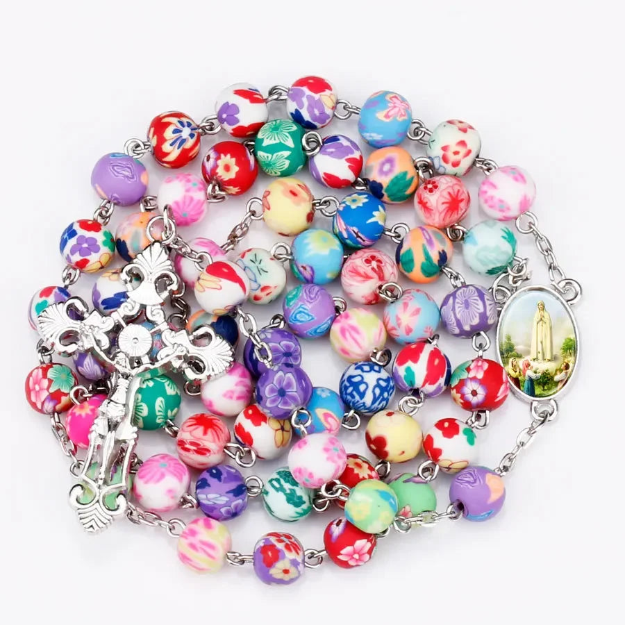 Christian Rosary Beads Necklace For Women Cross INRI Virgin Mary Pendant 8MM Colorful Soft Pottery Chain Prayer Party Jewelry