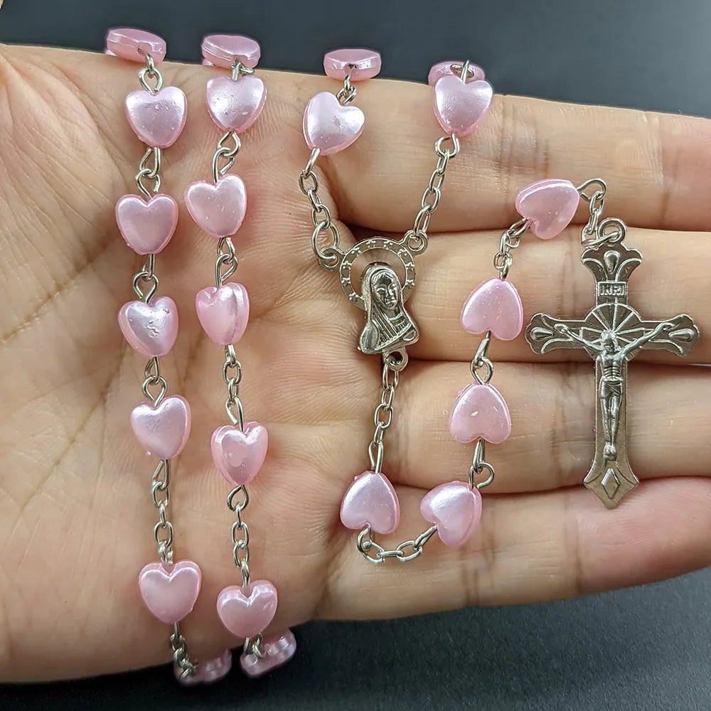 Christian Rosary Beads Necklace For Women Cross INRI Virgin Mary Pendant Pink Heart Chain Female Religion Prayer Party Jewelry