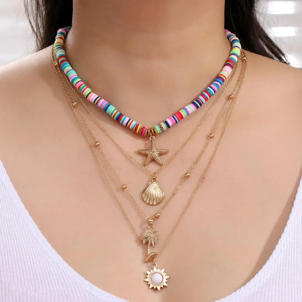 Bohemia Multi Layered Stackable Necklace For Women Sun Starfish Shell Pendant Chain Female Party Boho Jewelry Gift