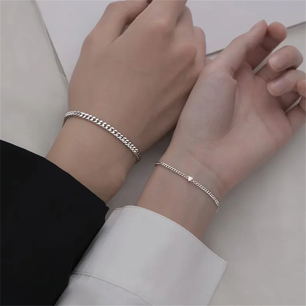 2Pcs Simple Stainless Steel Bracelet Set for Couple Unisex Women Men Lover Crystal Heart Silvery Chain Bracelets Jewelry