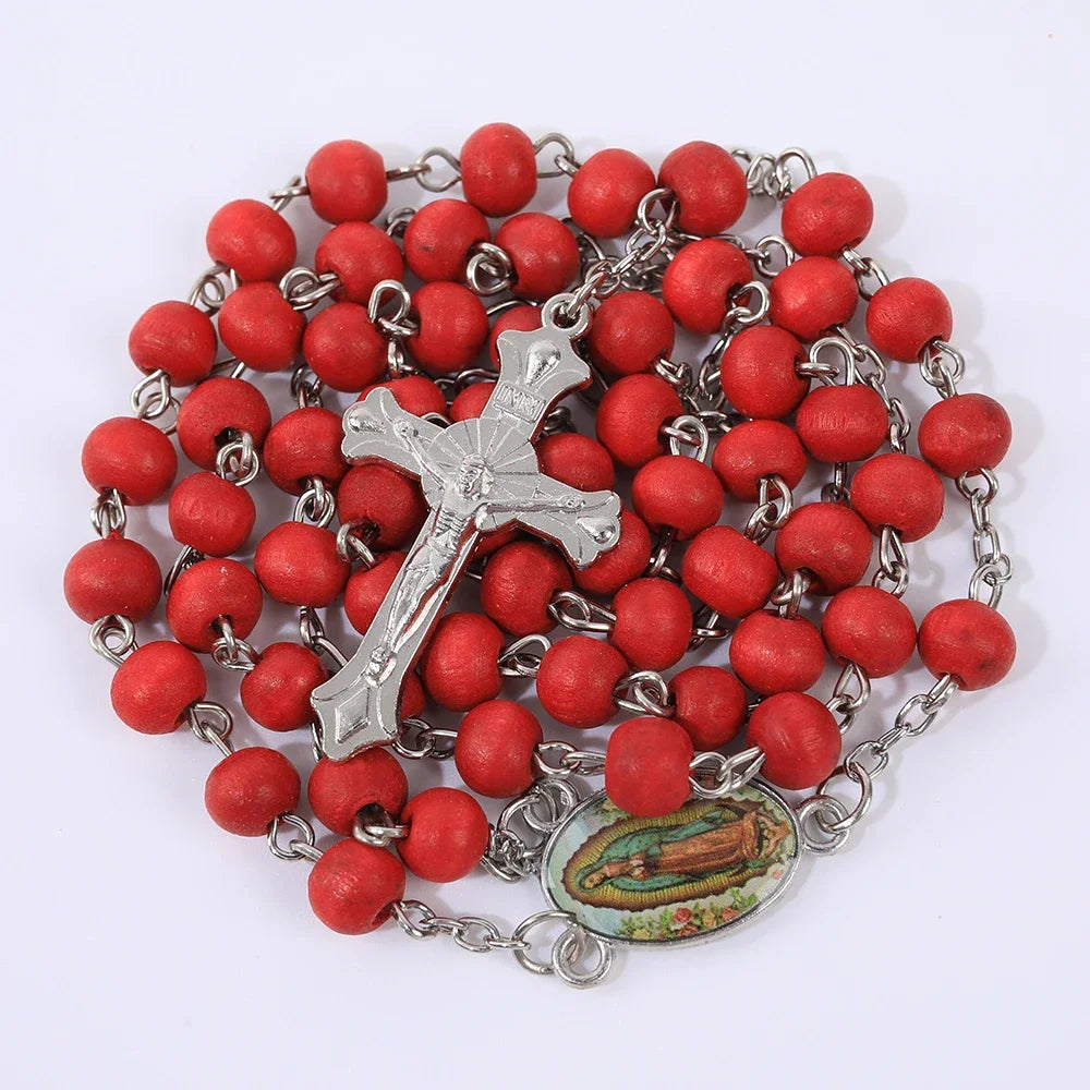Red Wooden Rosary Necklace For Women Men Religious Virgin Mary Cross Pendant Long 6MM Beads Chain Catholic Prayer Party Jewelry