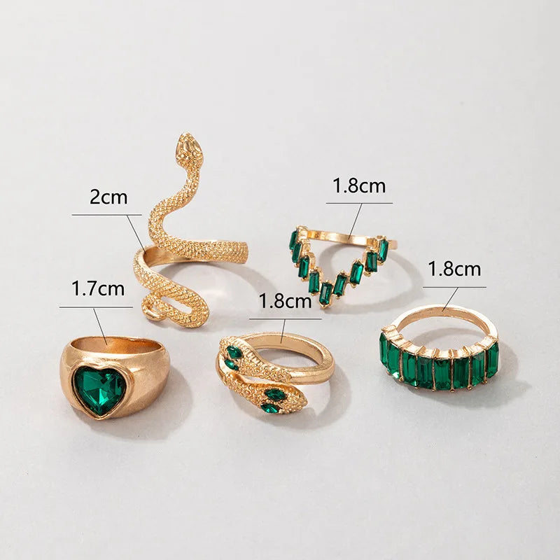 New Crystal Snake Shape Ring Set For Women Rhinestone Heart Gold Color Geometric Knuckle Rings Girls Wedding Finger Jewelry Gift