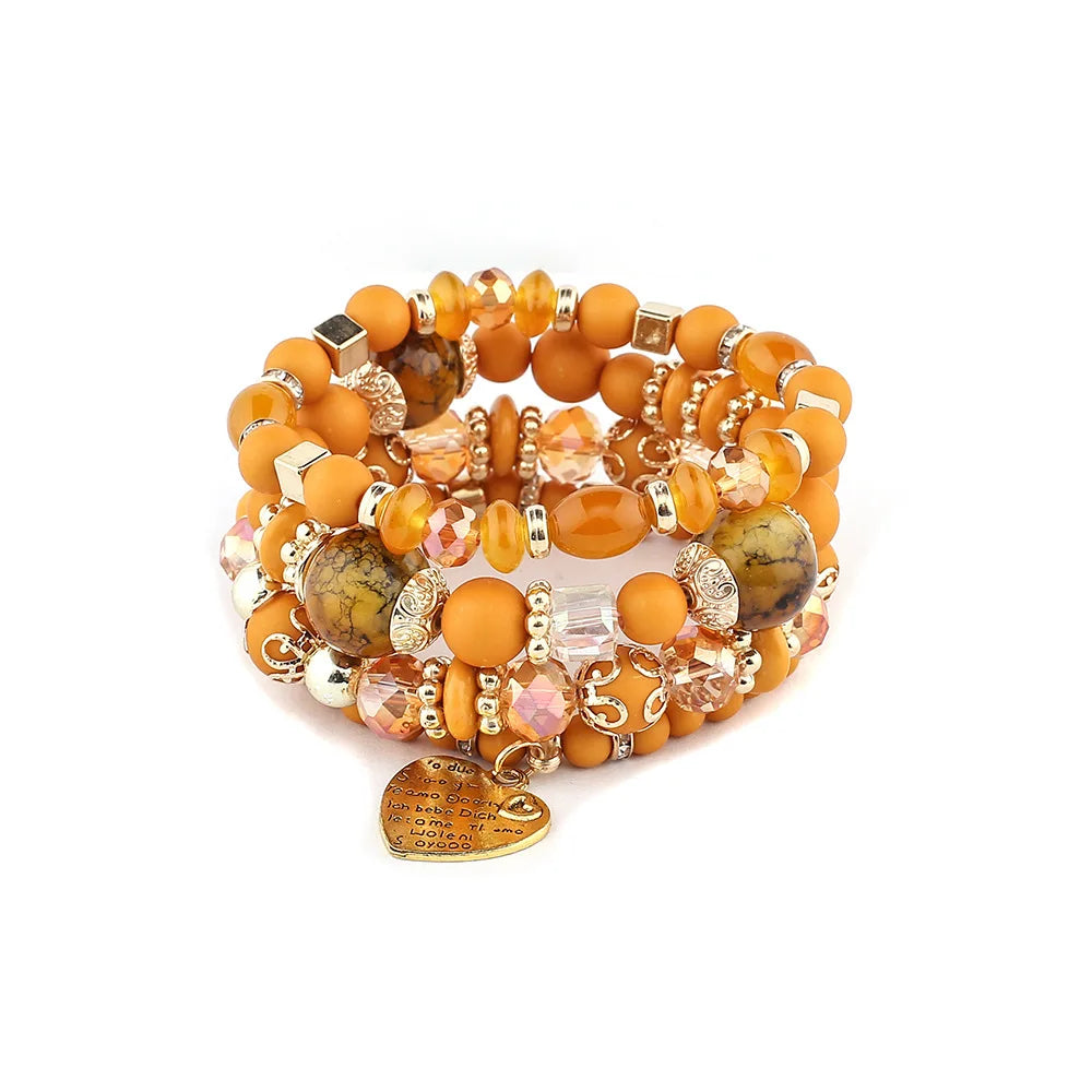 4Pcs Bohemia Acrylic Beaded Bracelet Set For Women Solid Heart Charm Elastic Chain Bangle Men Retro Daily Wear Jewelry Gift