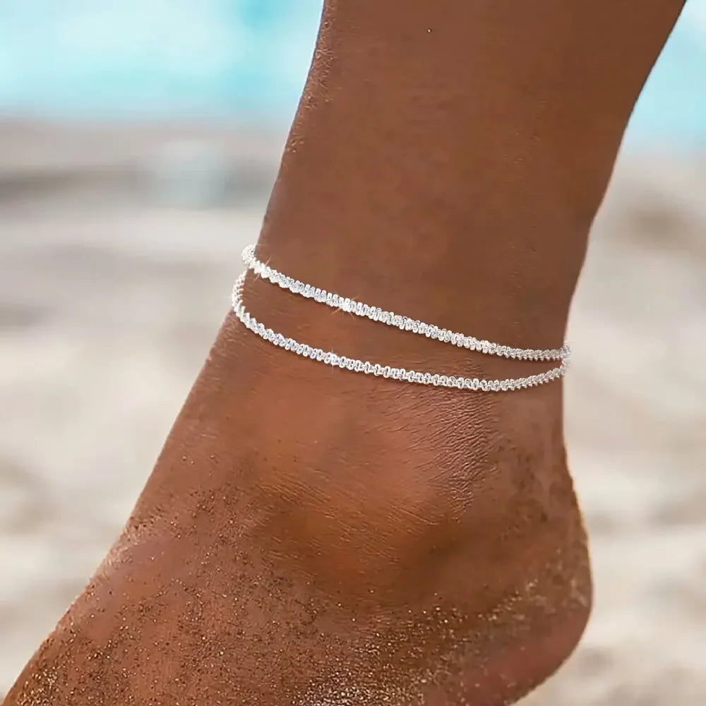 Summer Shiny Sparkling Copper Anklet For Women Silver Gold Color Multi-layer Chain On The Leg Foot Beach Ankle Bracelet Jewelry
