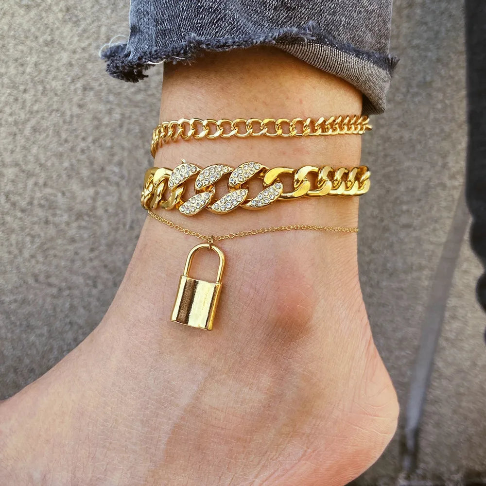 3Pcs/Set Fashion Lock Pendant Anklet Set For Women Crystal Link Chain Ankle Bracelet On Leg Foot Girls Summer Beach Jewelry