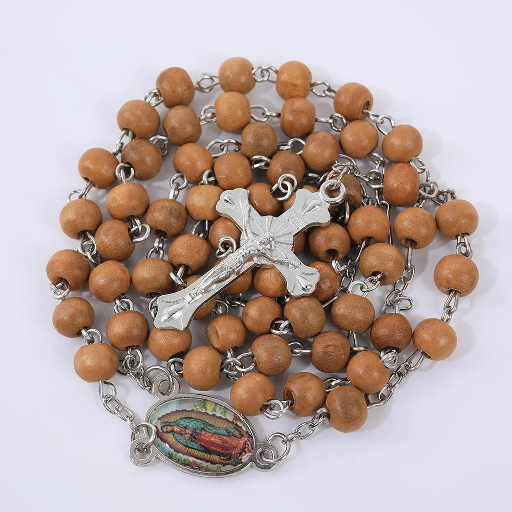 Wood Rosary Necklace For Women Men Religious Virgin Mary Cross Pendant 6MM Long Beads Chain Catholic Prayer Party Jewelry