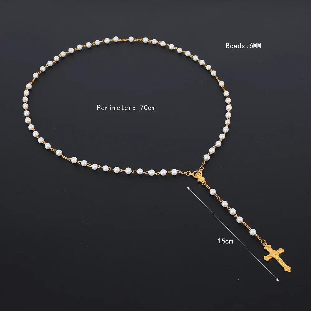6MM Round Pearl Rosary Necklace For Women Catholic Religious Crucifix Cross Pendant Long Beads Chain Men Prayer Jewelry Gift