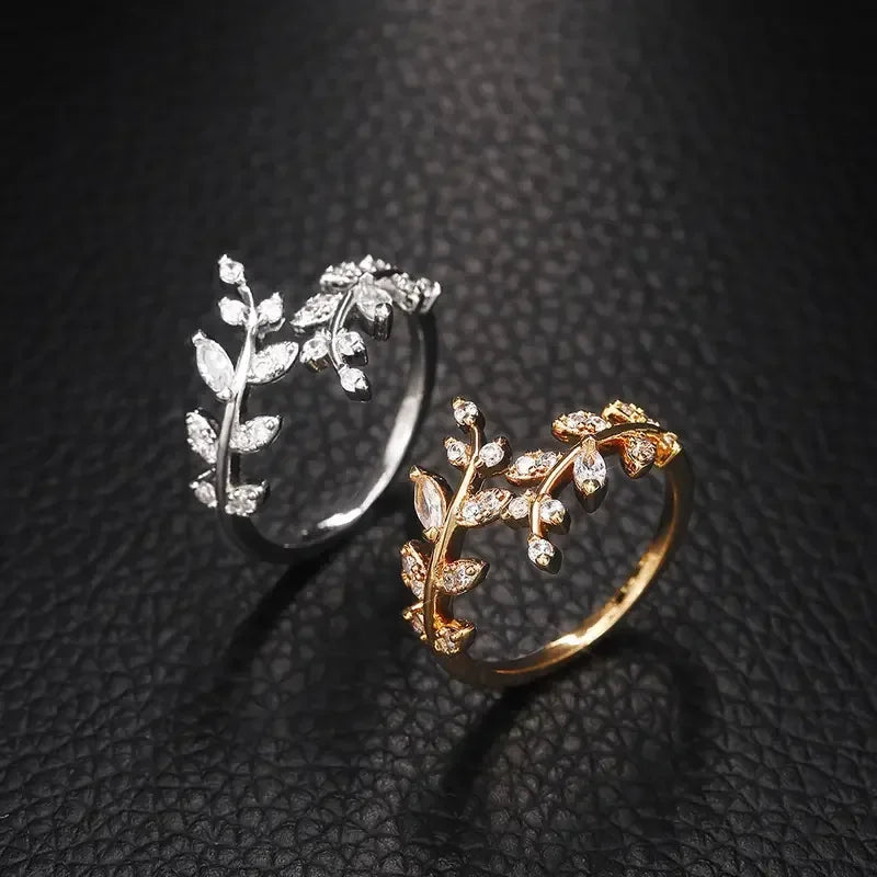 Korean Leaf Design Opening Rings For Women Sparkling Cubic Zirconia CZ Adjustable Ring Party Daily Wear Fashion Jewelry Gift