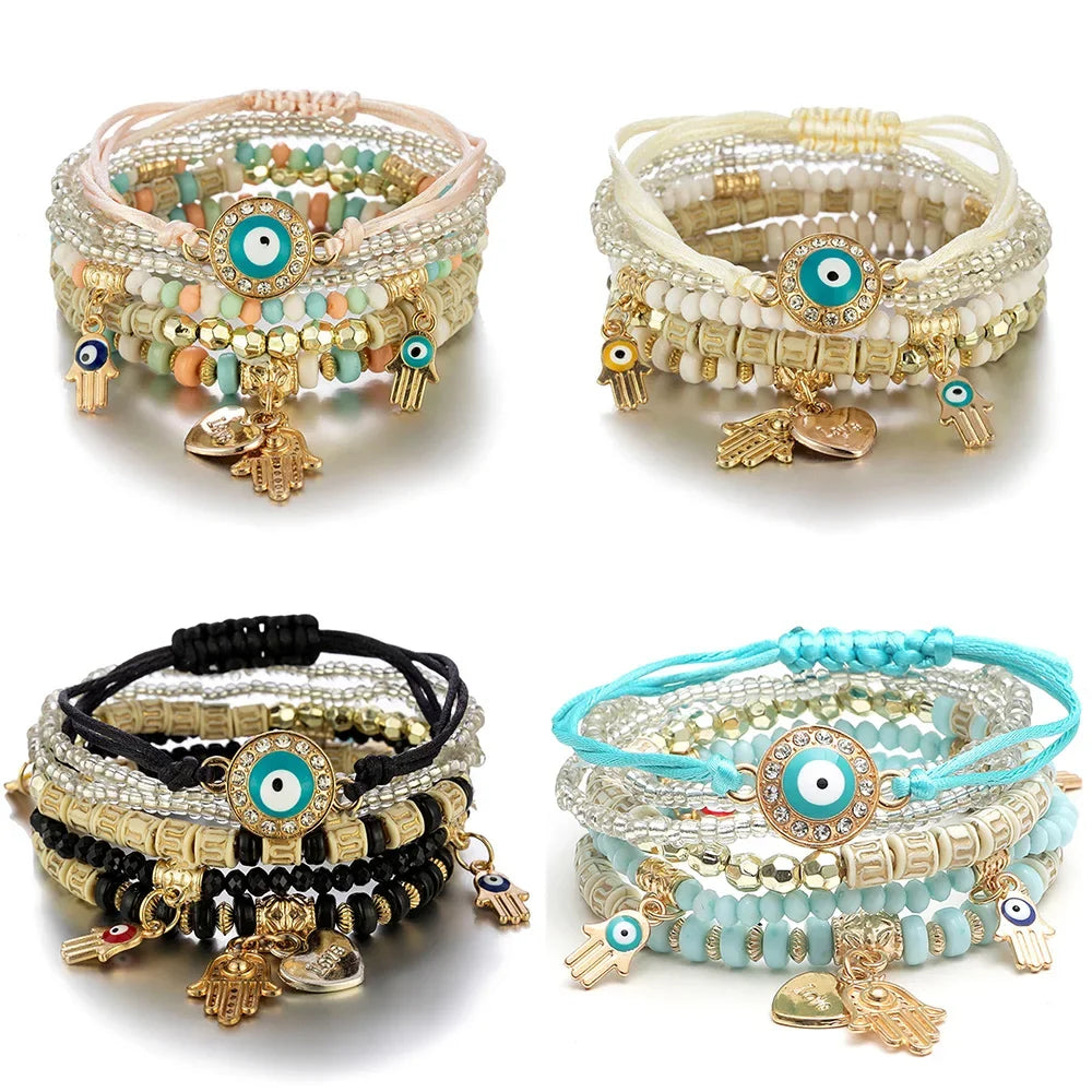 Bohemian Handmade Bracelet Set For Women Fatima Hand Evil Eye Heart Charm Adjustable Rope Chain Bangle Men Daily Wear Jewelry