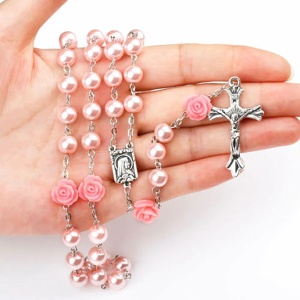 8MM Catholic Rosary Beads Rosary Necklace Christian Praying Glass Beads Chain Cross Pendant For Women Mother Jewelry