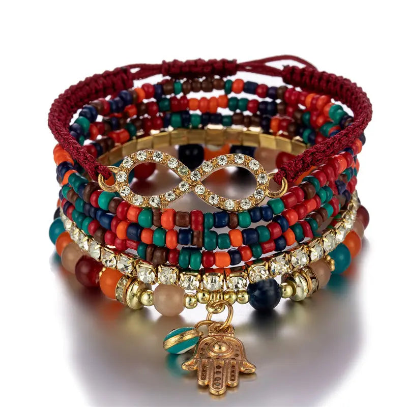 6Pcs Bohemian Hand Eye Beaded Bracelet Set For Women Crystal Geometric Charm Braided Rope Chain Bangle Female Boho Jewelry