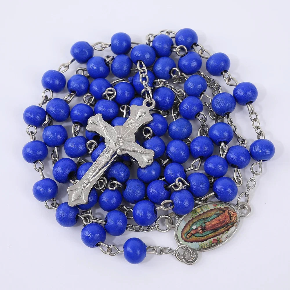Red Wooden Rosary Necklace For Women Men Religious Virgin Mary Cross Pendant Long 6MM Beads Chain Catholic Prayer Party Jewelry