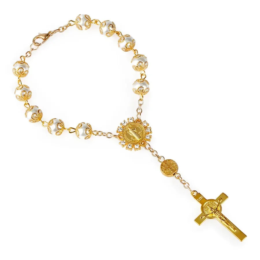 New Religious Rosary Bracelet For Women Fashion Cross Charm 8MM Glass Beaded Chain Bracelet Men Prayer Party Jewelry Gift