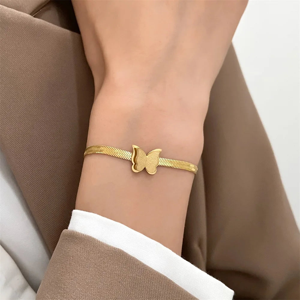 Stainless Steel Frosted Butterfly Charm Bracelet For Women Titanium Steel Snake Chain Bangle Female Fashion Party Jewelry
