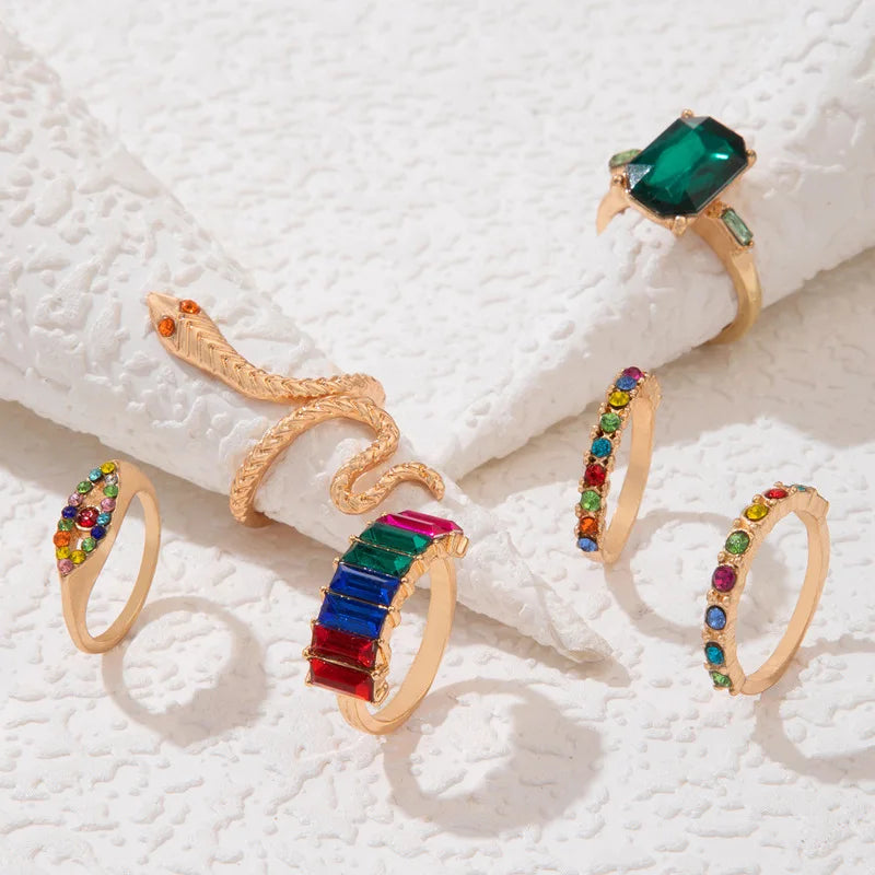 Bohemian Colorful Crystal Stone Kunckle Ring Set For Women Snake Shaped Rhinestone Geometric Rings Girls Fashion Party Jewelry