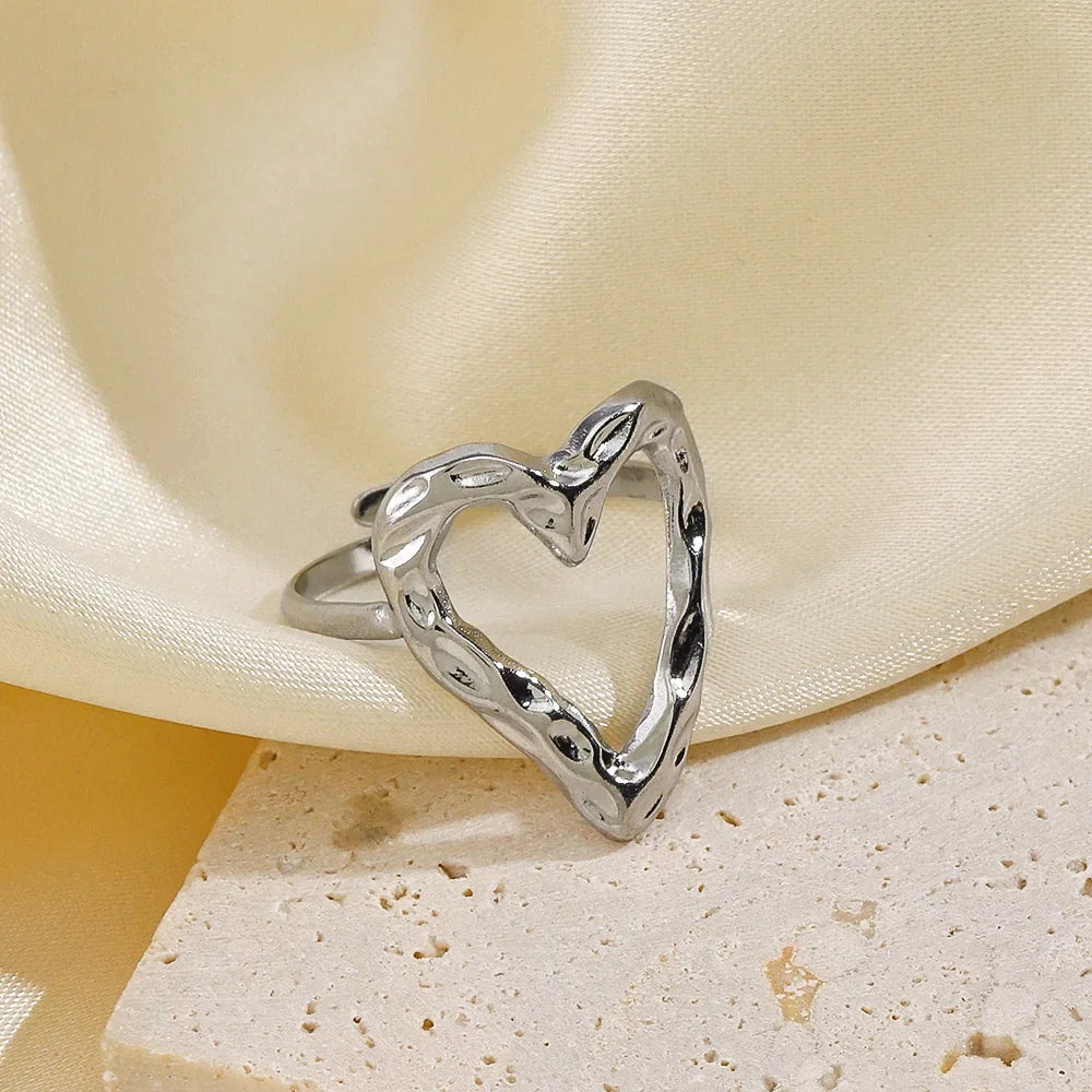 1PC Heart Stainless Steel Ring For Women Irregular Adjustable Gold Color Opening Rings Girls Fashion Party Waterproof Jewelry