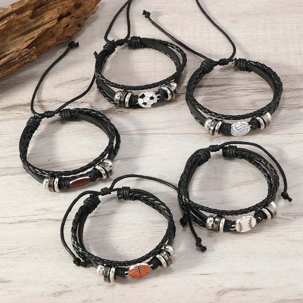 5Pcs Vintage Leather Sport Bracelet For Women Men Volleyball Football Basketball Baseball Rugby Charm Bangle Fashion Jewelry