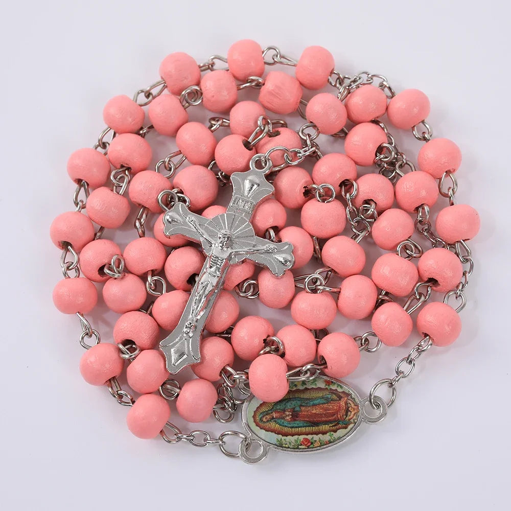 6MM Wood Prayer Beads Necklace For Women Religious Virgin Mary Cross Pendant Long Chain Men Catholic Party Rosary Jewelry