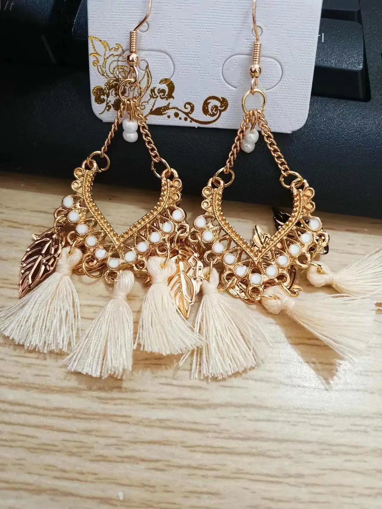 Ethnic Fan-shaped Tassel Dangle Earrings For Women Bohemian Gold Color Leaf Silk Fabric Drop Earring Female Party Jewelry