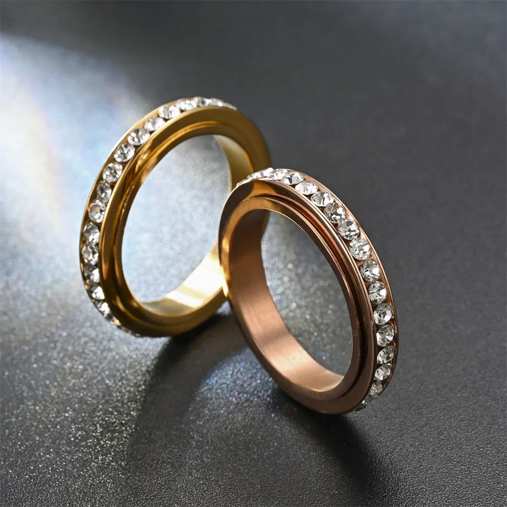 4MM Stainless Steel Spinner Finger Rings For Women Crystal Rotatable Wedding Ring Men Fashion Anniversary Party Jewelry