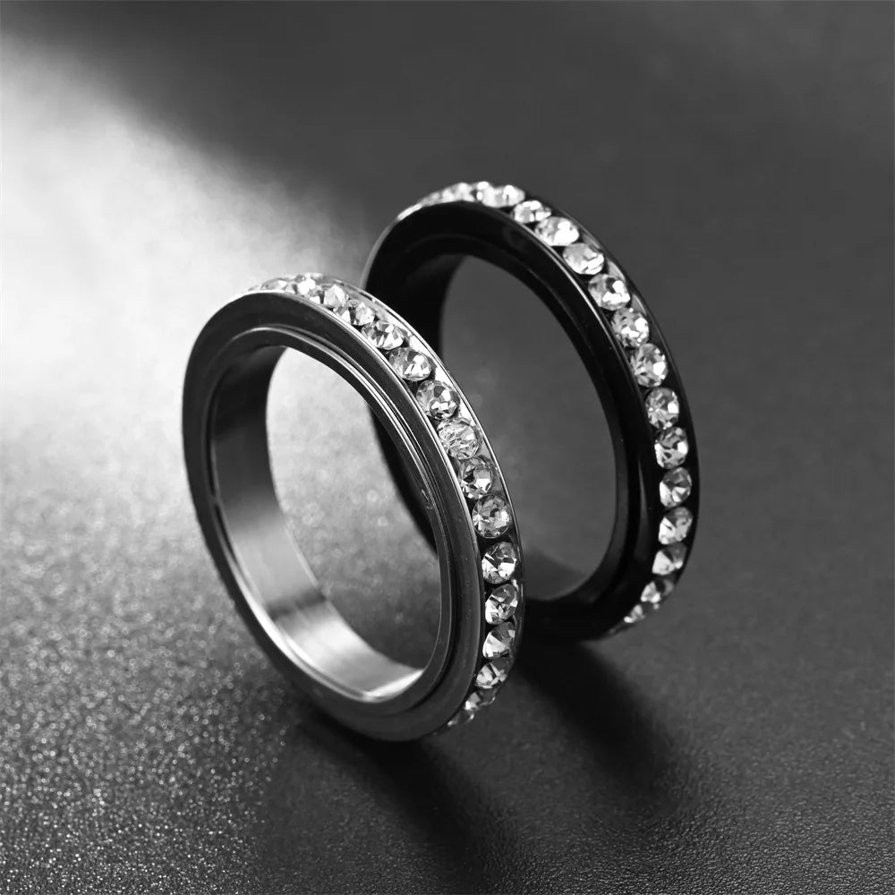 4MM Stainless Steel Spinner Finger Rings For Women Crystal Rotatable Wedding Ring Men Fashion Anniversary Party Jewelry