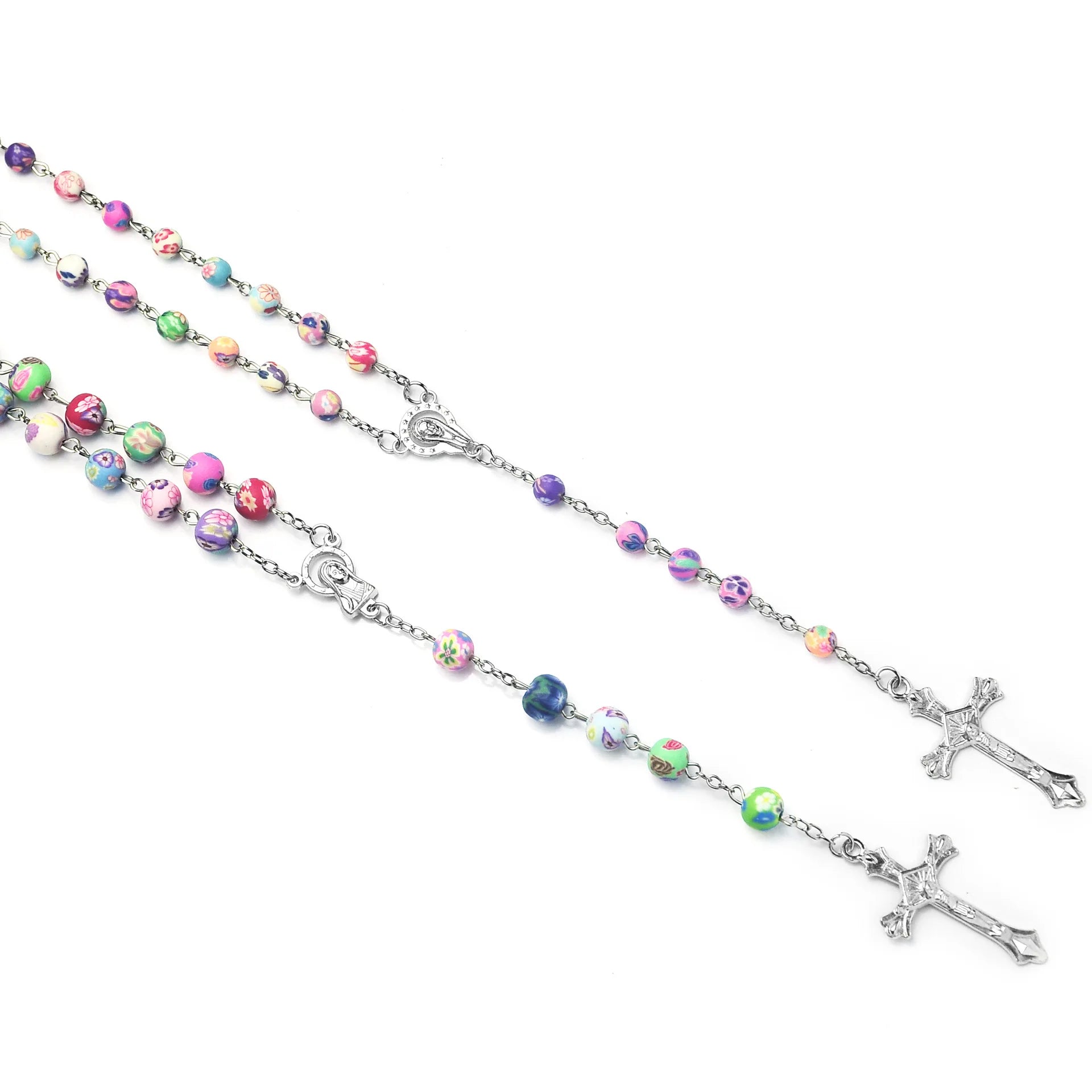 Fashion Multicolor Polymer Clay Beads Rosary Cross Necklace For Women INRI Crucifix Pendant Fimo Chain Female Religion Jewelry